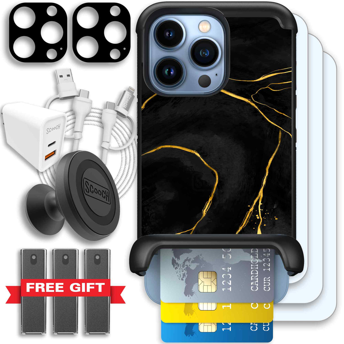 Wingmate Black Marble for iPhone 13 Pro - Ultimate Bundle