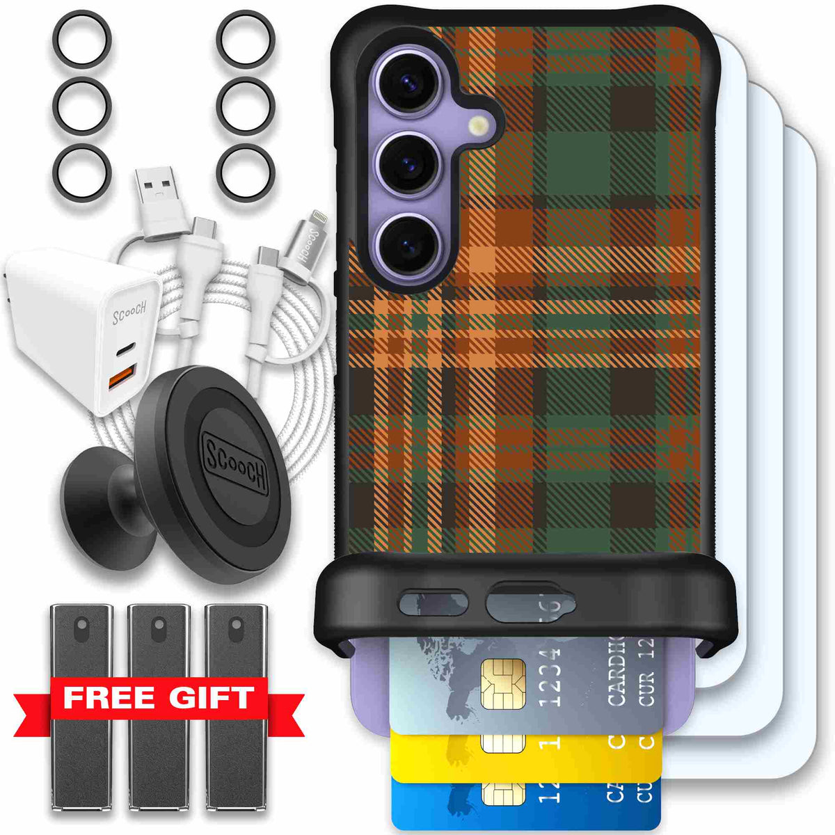 Fall Flannel orange and brown plaid pattern on a scoochzza Wingmate case for Galaxy S24 - Ultimate Bundle