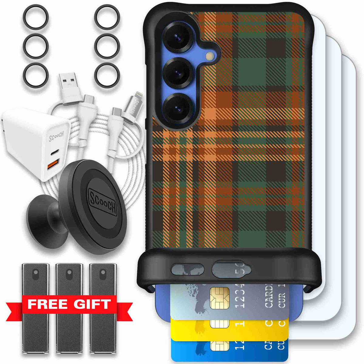 Fall Flannel orange and brown plaid pattern on a scoochzza Wingmate case for Galaxy S25 - Ultimate Bundle