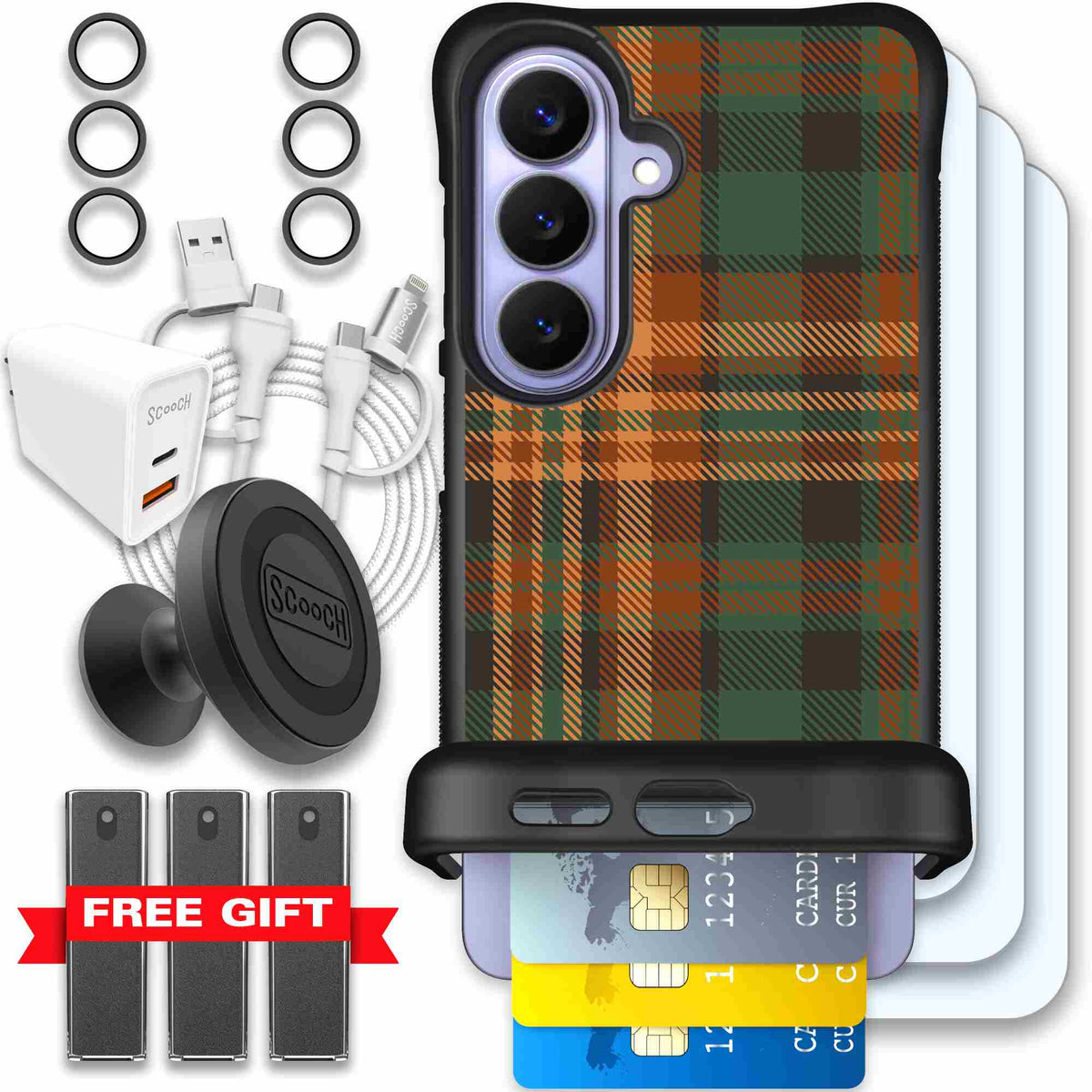 Fall Flannel orange and brown plaid pattern on a scoochzza Wingmate case for Galaxy S26 - Ultimate Bundle