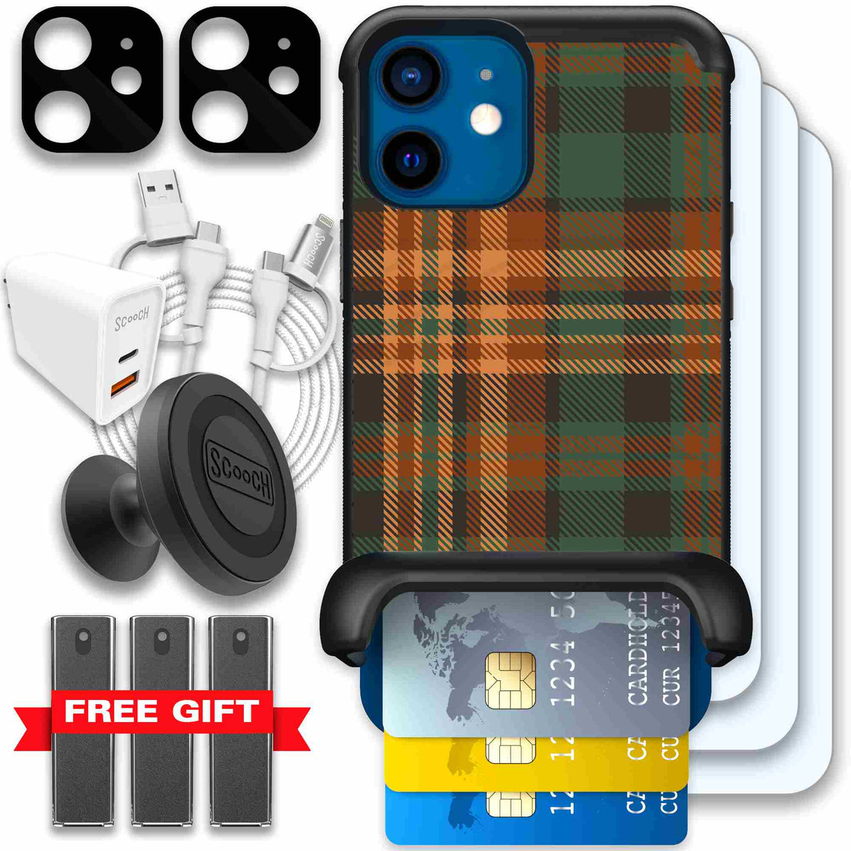 Fall Flannel orange and brown plaid pattern on a scoochzza Wingmate case for iPhone 12 mini - Ultimate Bundle