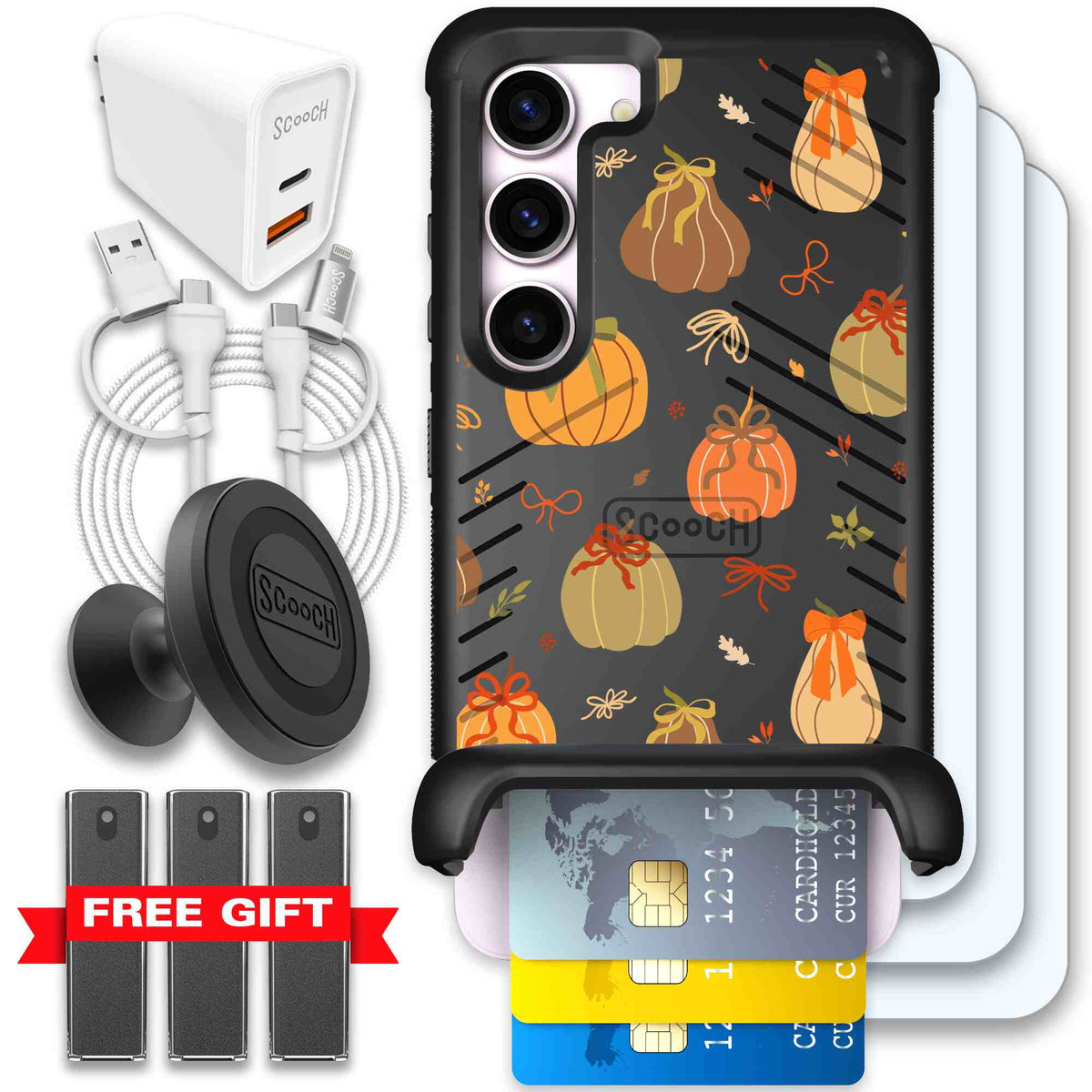 Pretty Pumpkins orange pumpkin and bow pattern on a scoochzza Wingmate case for Galaxy S23 - Ultimate Bundle