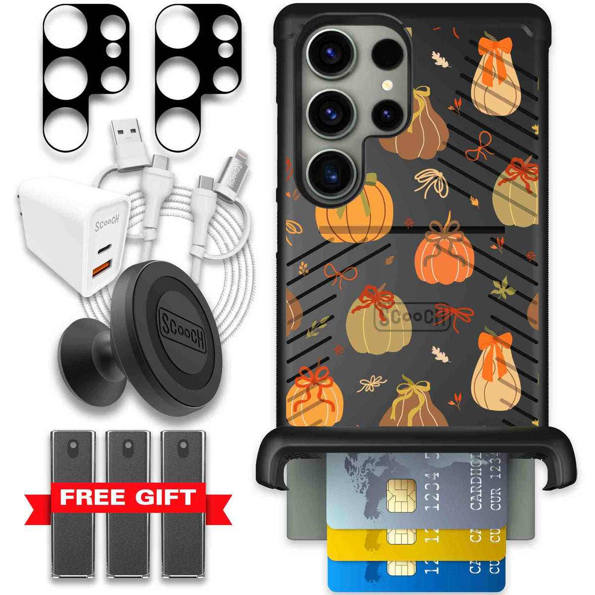 Pretty Pumpkins orange pumpkin and bow pattern on a scoochzza Wingmate case for Galaxy S23 Ultra - Ultimate Bundle