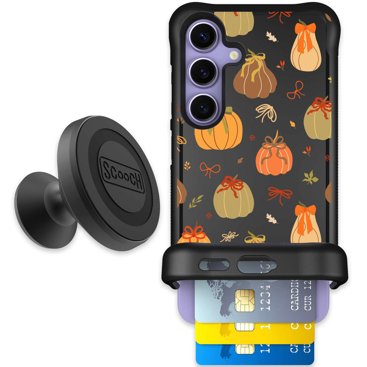 Pretty Pumpkins orange pumpkin and bow pattern on a scoochzza Wingmate case for Galaxy S24 - Starter Bundle