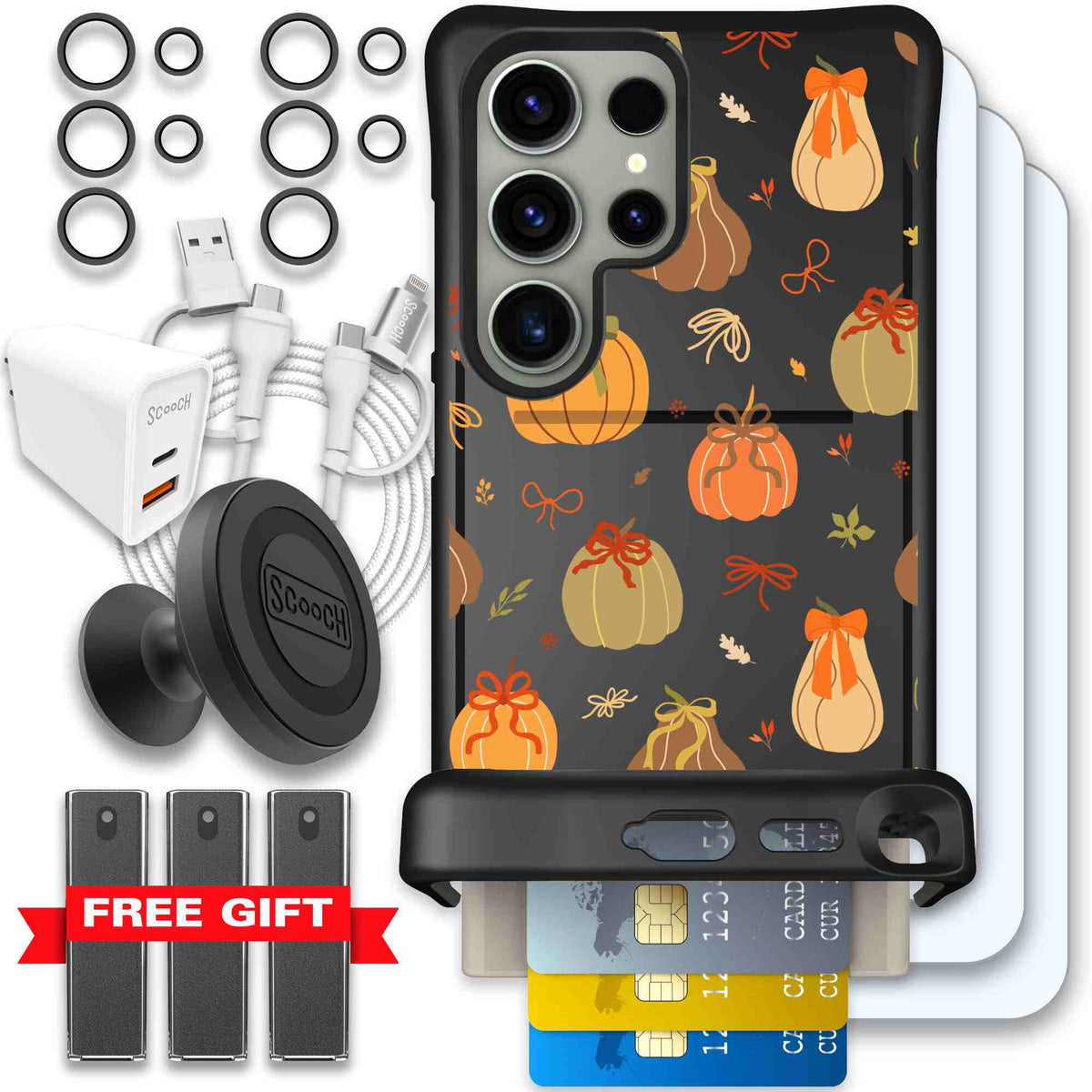 Pretty Pumpkins orange pumpkin and bow pattern on a scoochzza Wingmate case for Galaxy S24 Ultra - Ultimate Bundle