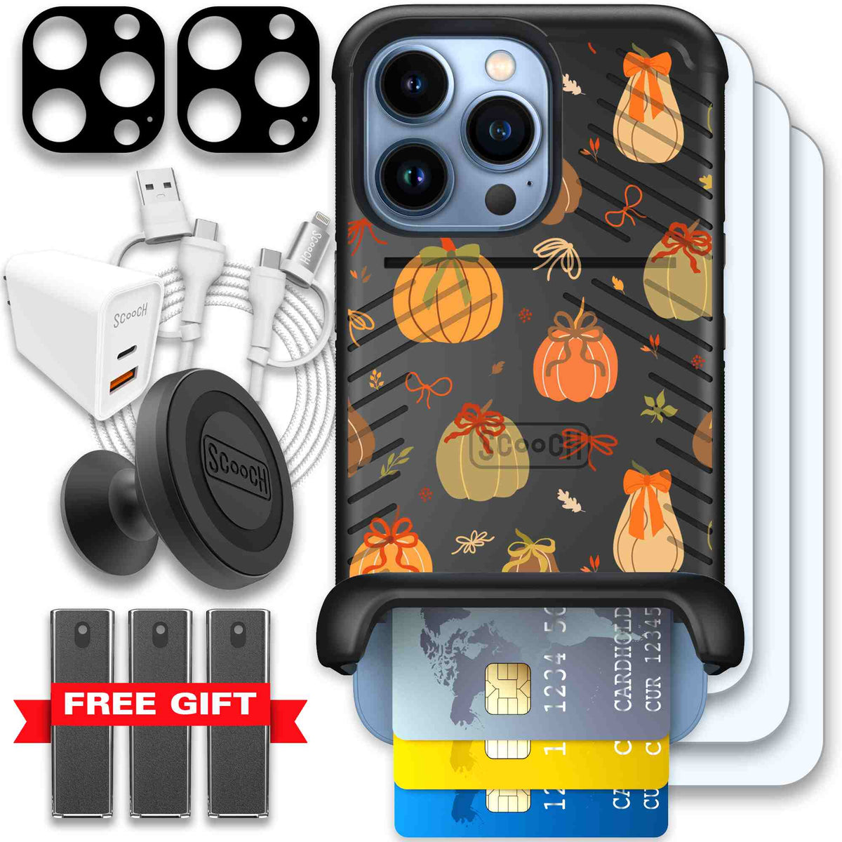 Pretty Pumpkins orange pumpkin and bow pattern on a scoochzza Wingmate case for iPhone 13 Pro - Ultimate Bundle