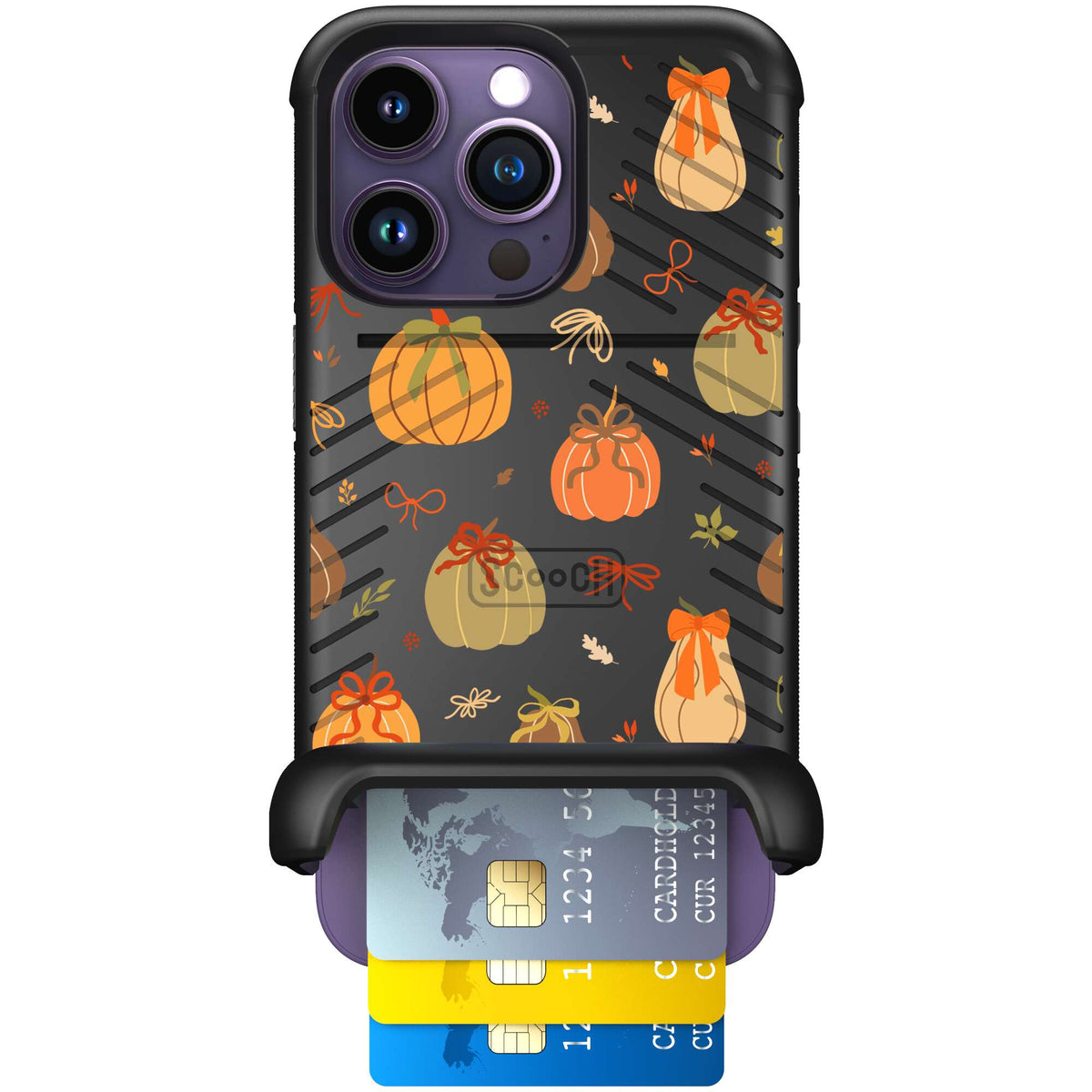 Pretty Pumpkins orange pumpkin and bow pattern on a scoochzza Wingmate case for iPhone 14 Pro