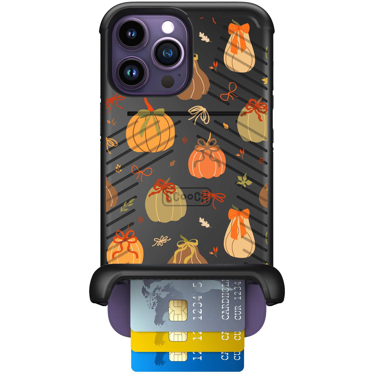 Pretty Pumpkins orange pumpkin and bow pattern on a scoochzza Wingmate case for iPhone 14 Pro Max
