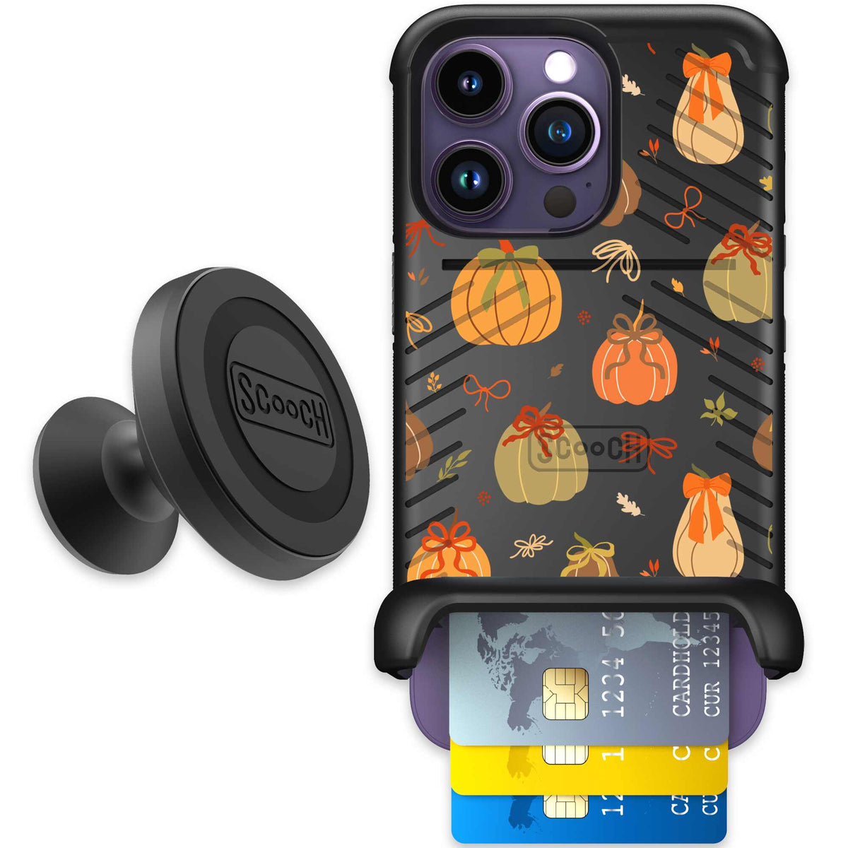 Pretty Pumpkins orange pumpkin and bow pattern on a scoochzza Wingmate case for iPhone 14 Pro - Starter Bundle