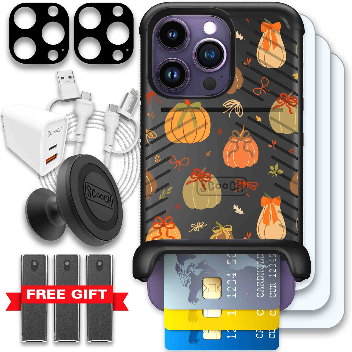 Pretty Pumpkins orange pumpkin and bow pattern on a scoochzza Wingmate case for iPhone 14 Pro - Ultimate Bundle