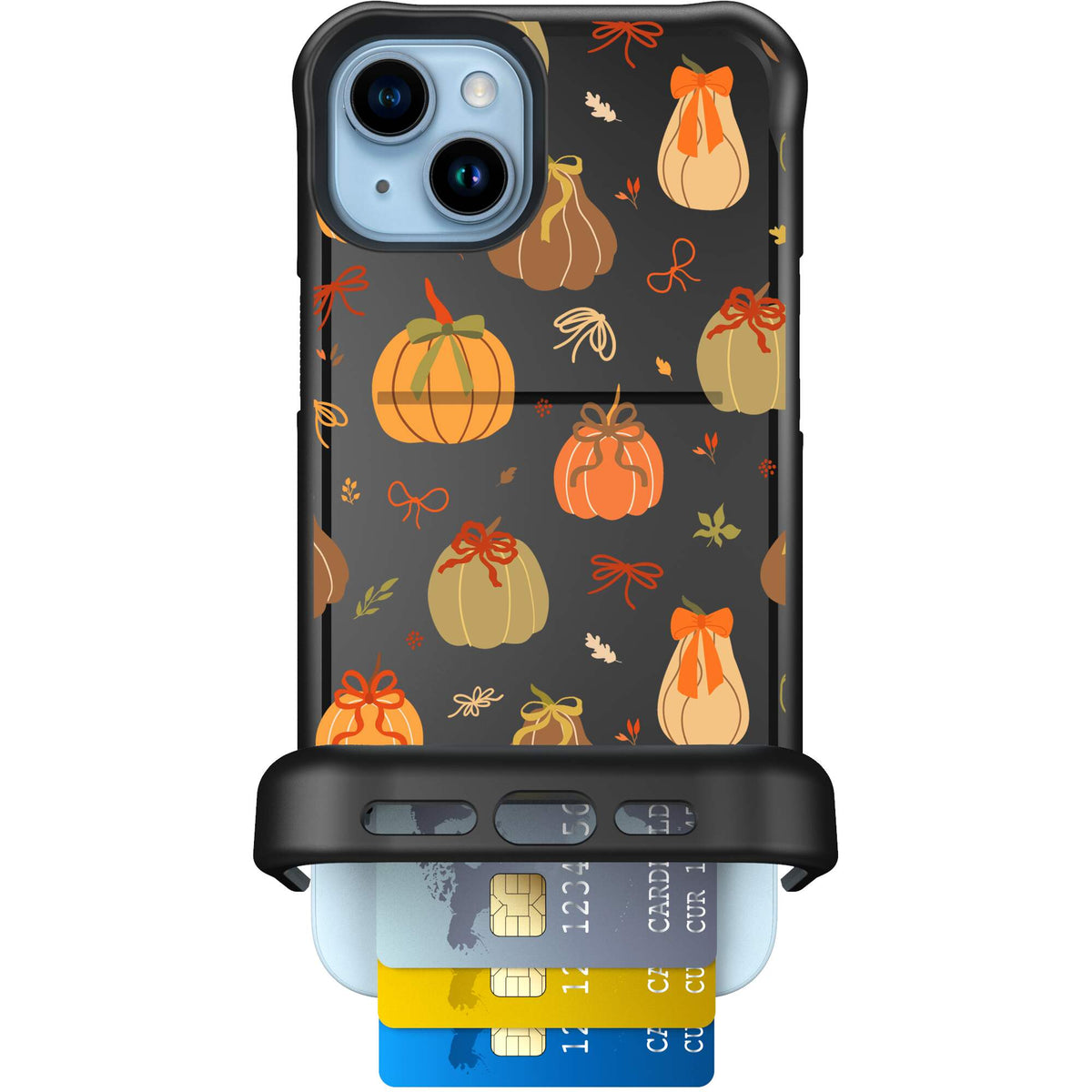 Pretty Pumpkins orange pumpkin and bow pattern on a scoochzza Wingmate case for iPhone 15 Plus