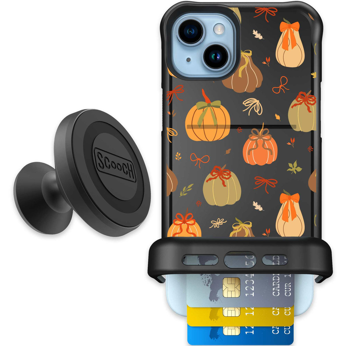 Pretty Pumpkins orange pumpkin and bow pattern on a scoochzza Wingmate case for iPhone 15 Plus - Starter Bundle