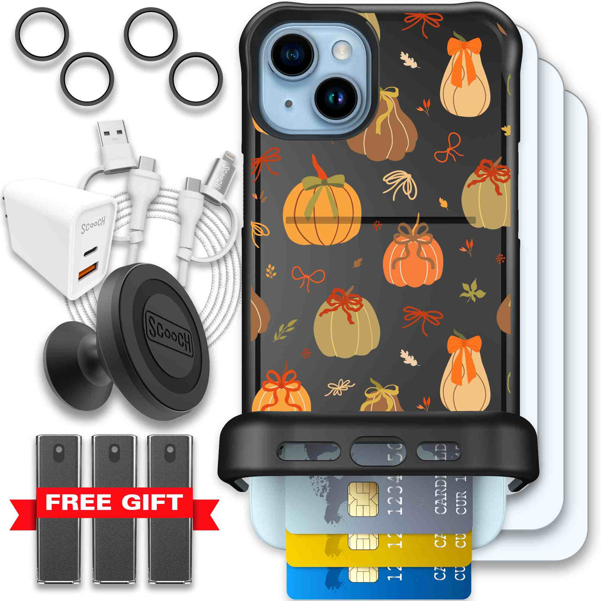 Pretty Pumpkins orange pumpkin and bow pattern on a scoochzza Wingmate case for iPhone 15 Plus - Ultimate Bundle