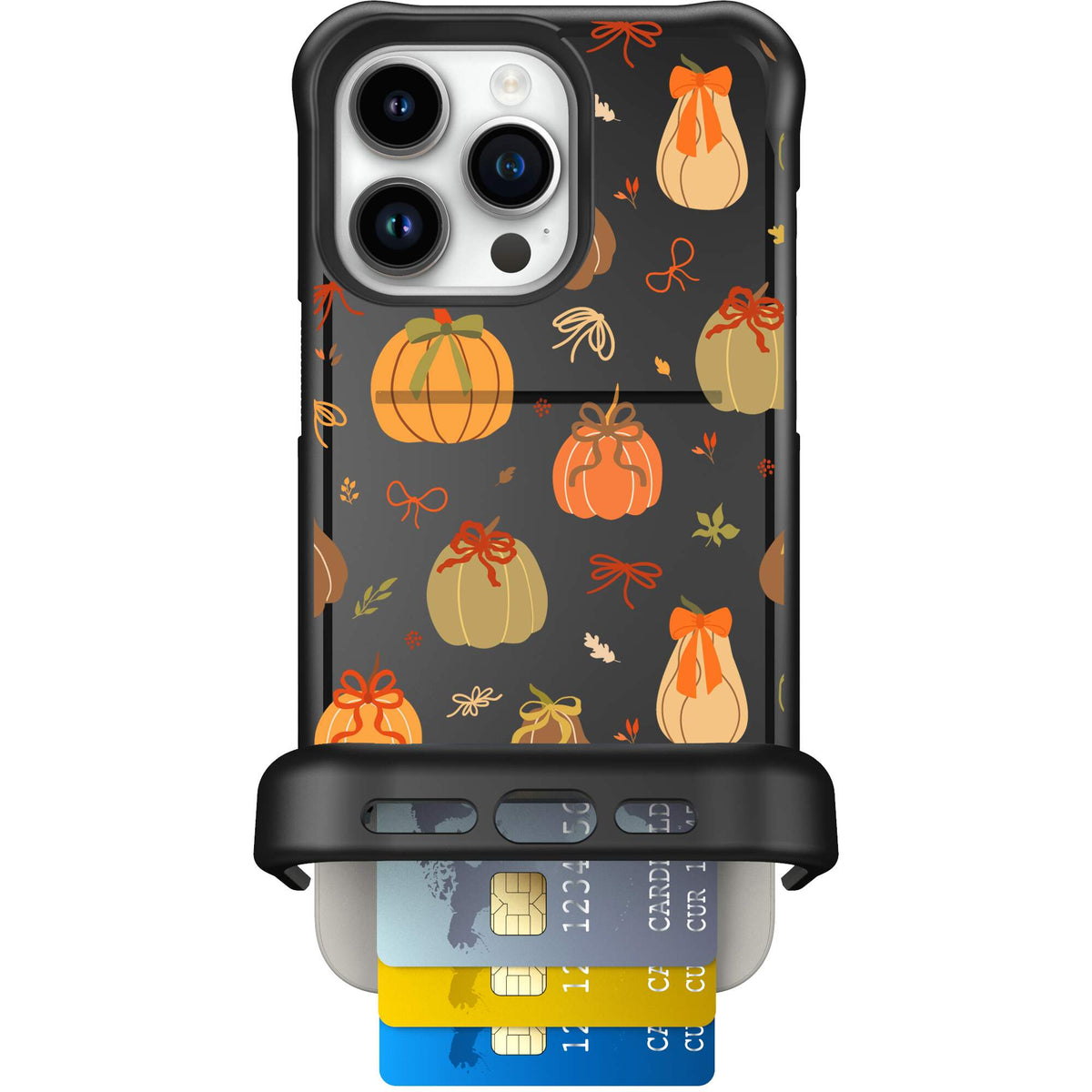 Pretty Pumpkins orange pumpkin and bow pattern on a scoochzza Wingmate case for iPhone 15 Pro Max