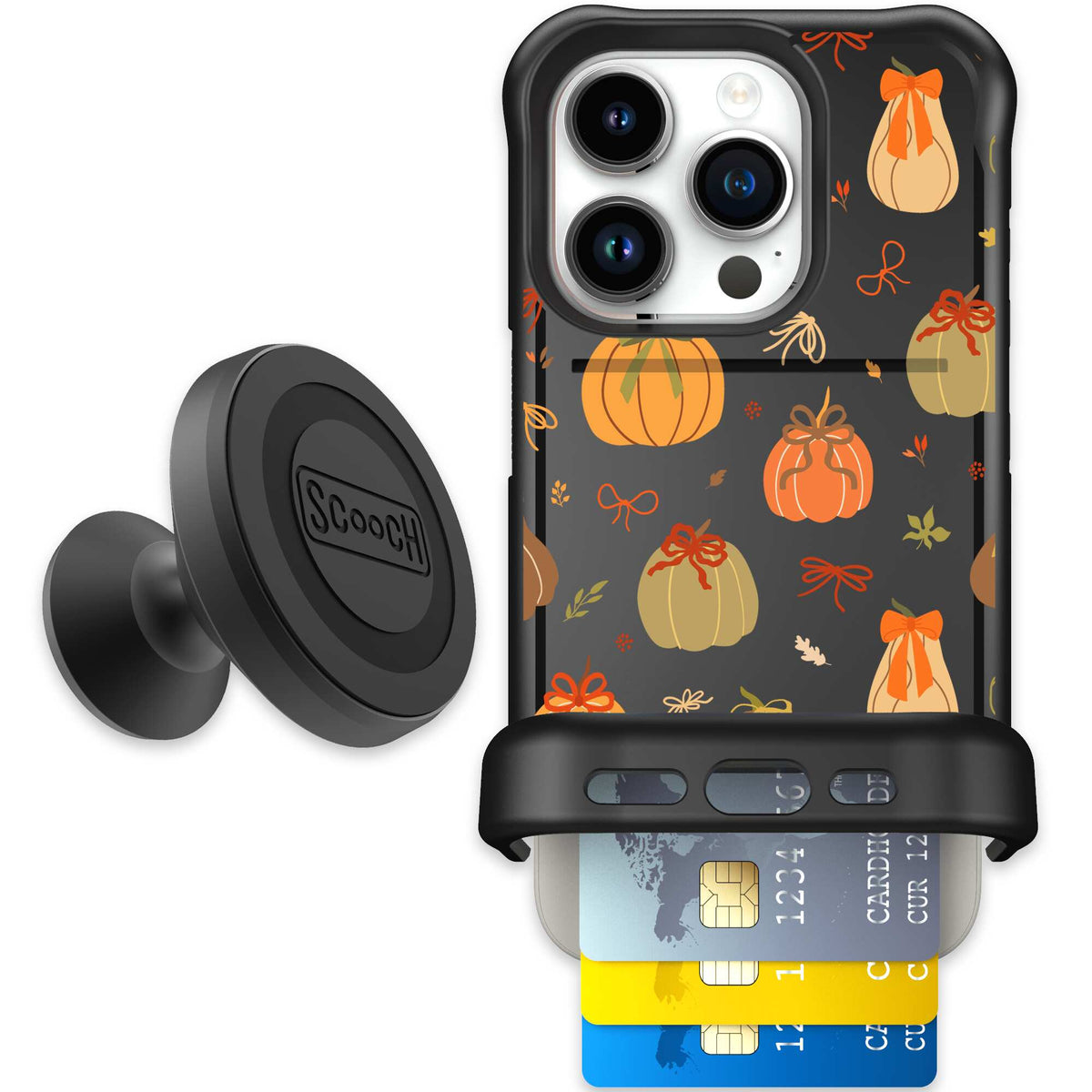 Pretty Pumpkins orange pumpkin and bow pattern on a scoochzza Wingmate case for iPhone 15 Pro - Starter Bundle
