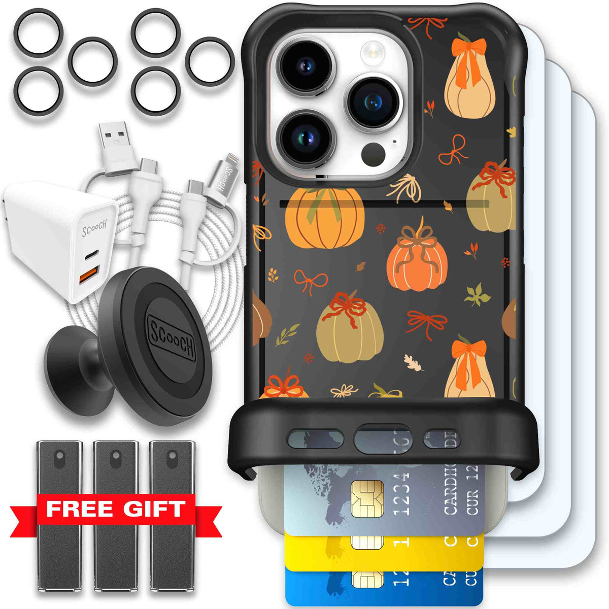 Pretty Pumpkins orange pumpkin and bow pattern on a scoochzza Wingmate case for iPhone 15 Pro - Ultimate Bundle