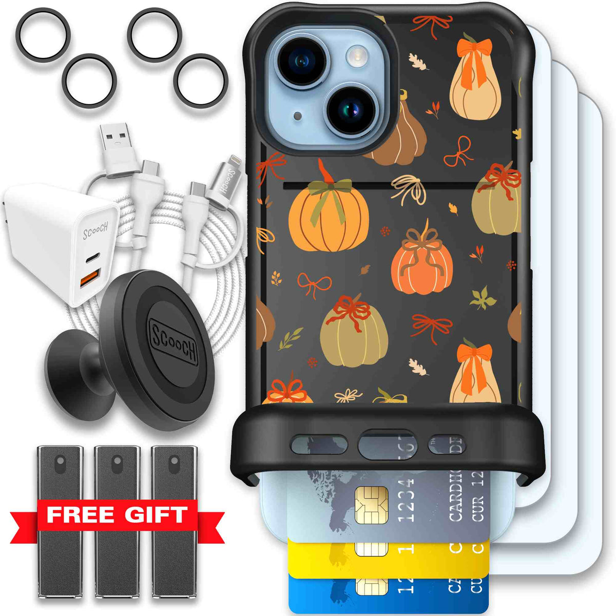 Pretty Pumpkins orange pumpkin and bow pattern on a scoochzza Wingmate case for iPhone 15 - Ultimate Bundle