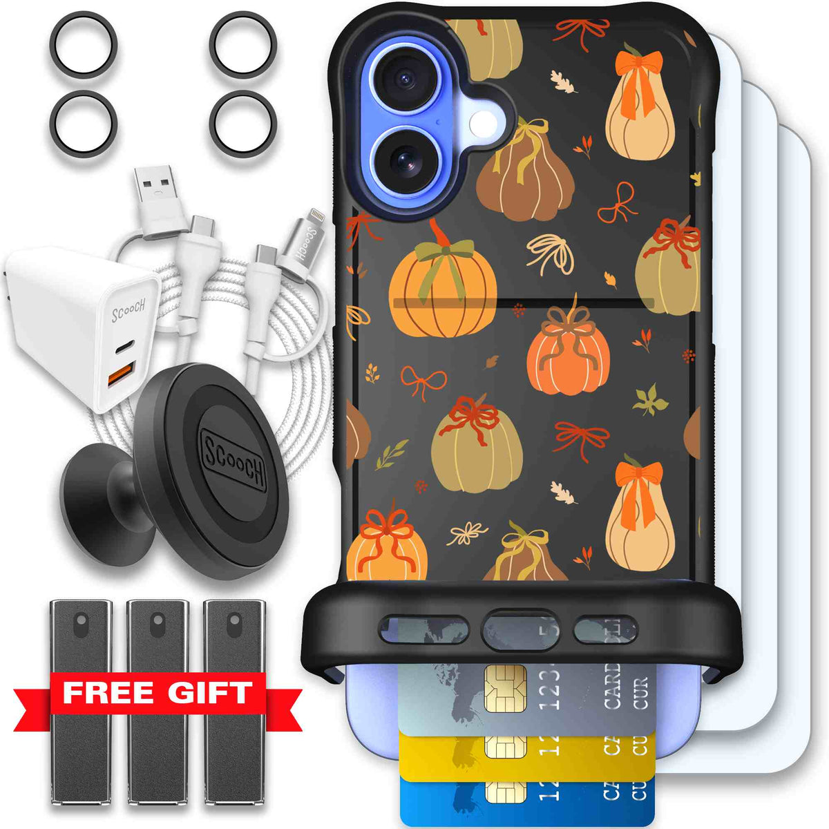 Pretty Pumpkins orange pumpkin and bow pattern on a scoochzza Wingmate case for iPhone 16 Plus - Ultimate Bundle