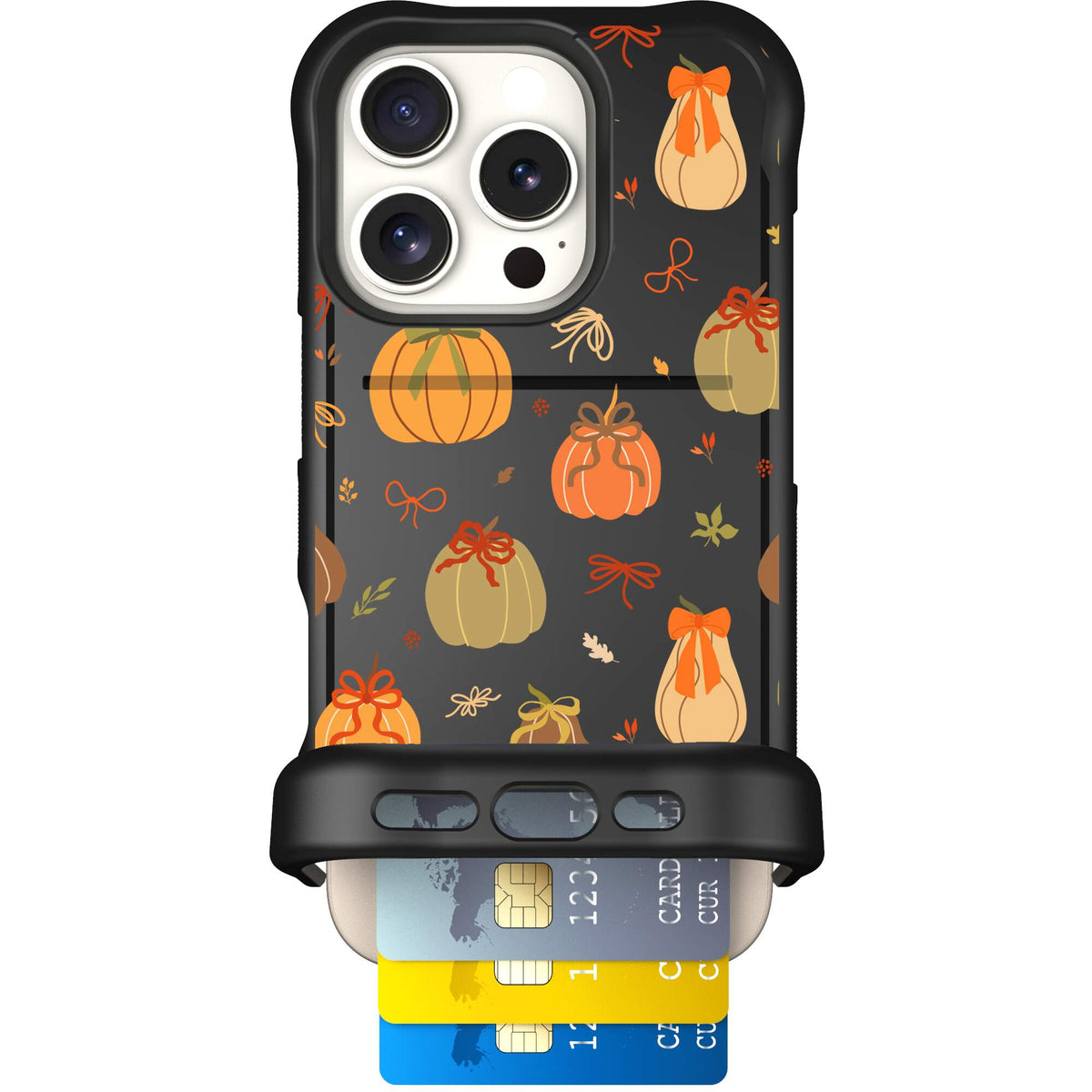 Pretty Pumpkins orange pumpkin and bow pattern on a scoochzza Wingmate case for iPhone 16 Pro