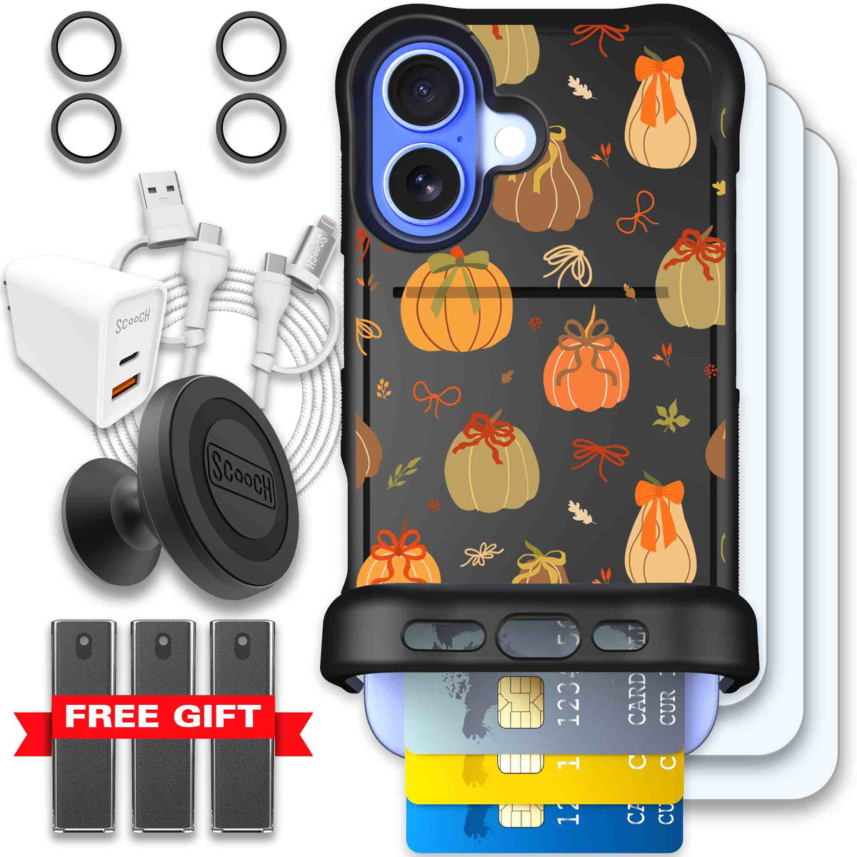 Pretty Pumpkins orange pumpkin and bow pattern on a scoochzza Wingmate case for iPhone 16 - Ultimate Bundle