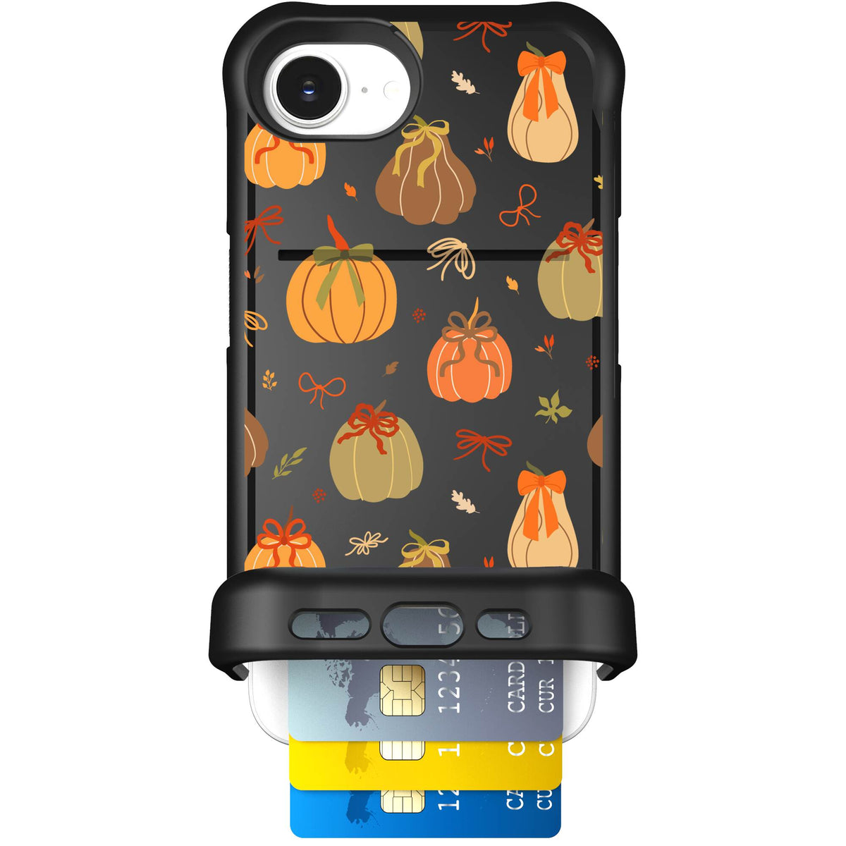 Pretty Pumpkins orange pumpkin and bow pattern on a scoochzza Wingmate case for iPhone 17e