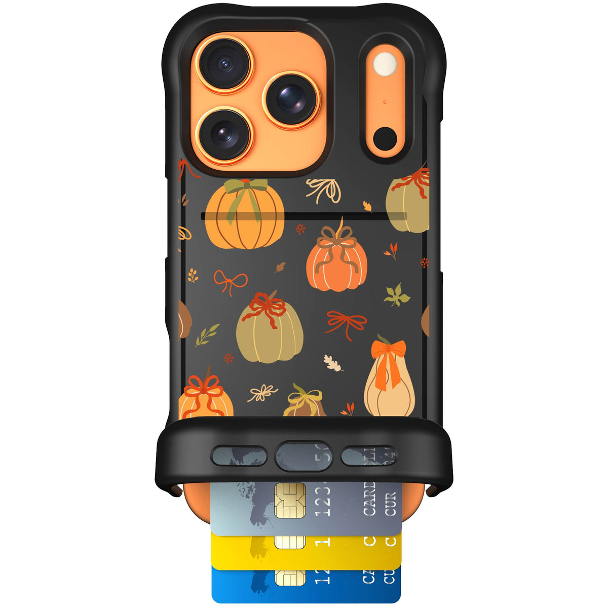 Pretty Pumpkins orange pumpkin and bow pattern on a scoochzza Wingmate case for iPhone 17 Pro