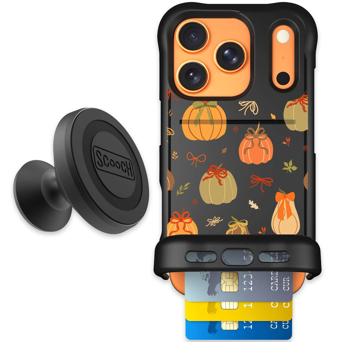 Pretty Pumpkins orange pumpkin and bow pattern on a scoochzza Wingmate case for iPhone 17 Pro - Starter Bundle