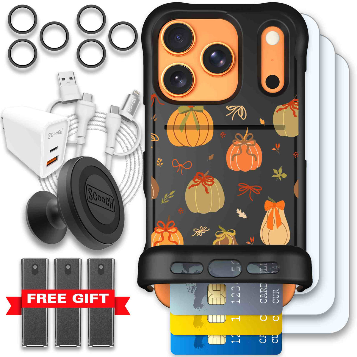 Pretty Pumpkins orange pumpkin and bow pattern on a scoochzza Wingmate case for iPhone 17 Pro - Ultimate Bundle