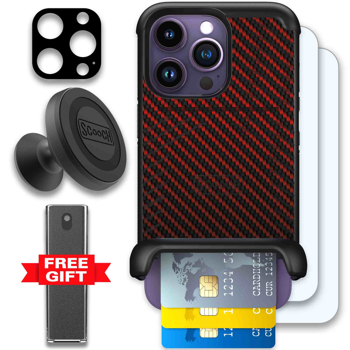 Red Carbon Fiber | website | iPhone 14 Pro | Defender Bundle