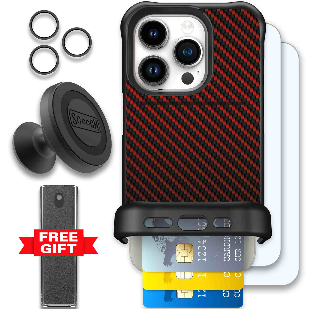 Red Carbon Fiber | website | iPhone 15 Pro | Defender Bundle