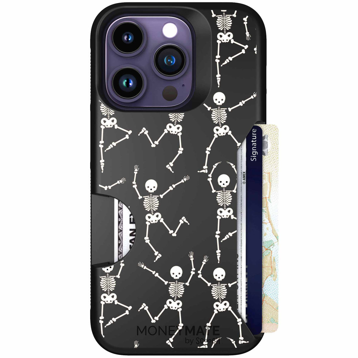 Swinging Skeletons white dancing skeleton pattern on a black scoochzza Moneymate case for iPhone 14 Pro