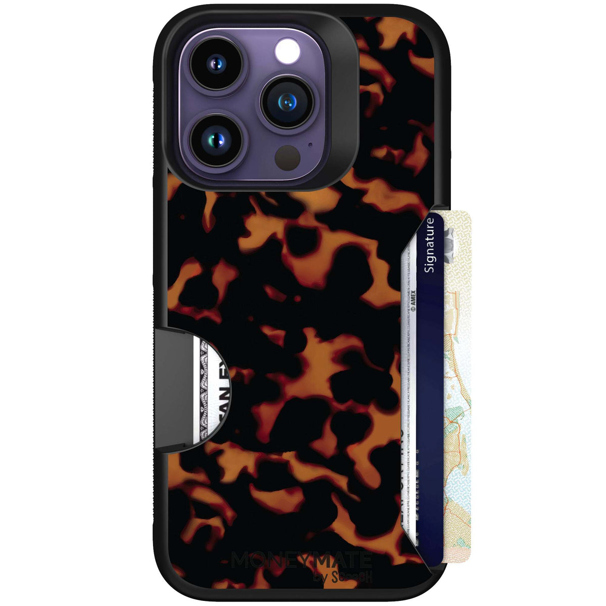 Tortoise Shell amber brown and black mottled pattern on a scoochzza Moneymate case for iPhone 14 Pro