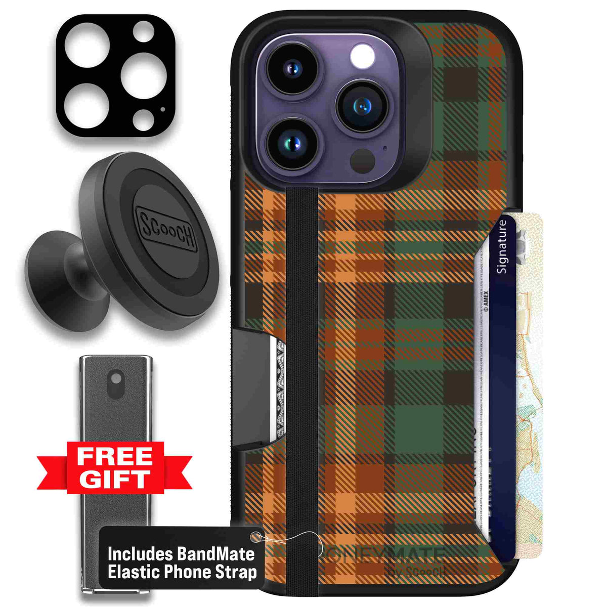 Fall Flannel orange and brown plaid pattern on a scoochzza Moneymate case for iPhone 14 Pro - Defender Bundle