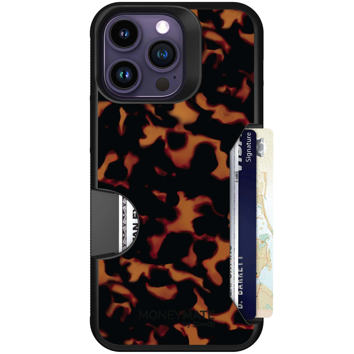 Tortoise Shell amber brown and black mottled pattern on a scoochzza Moneymate case for iPhone 14 Pro Max