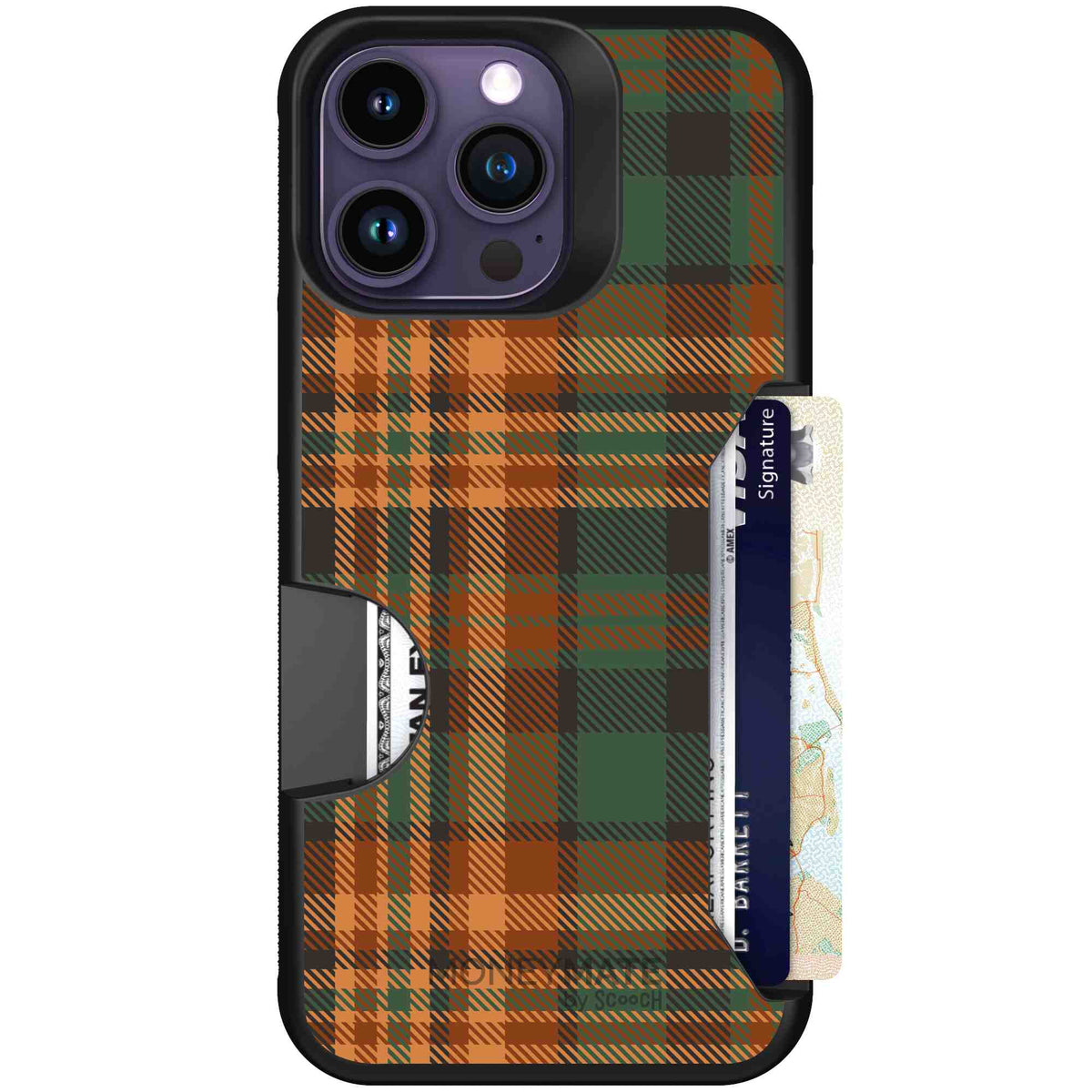 Fall Flannel orange and brown plaid pattern on a scoochzza Moneymate case for iPhone 14 Pro Max