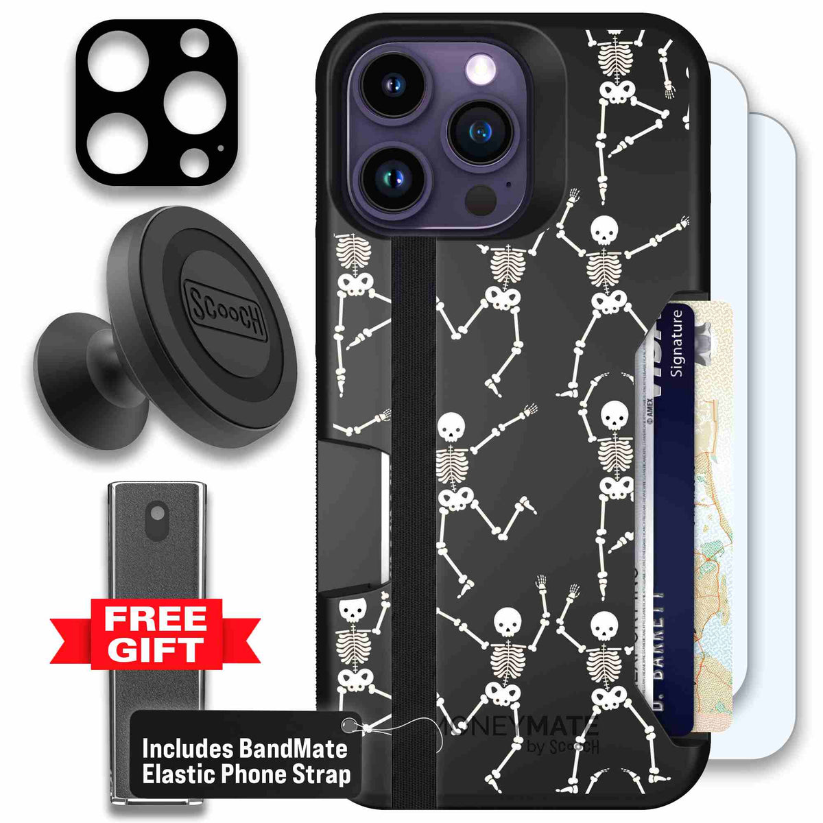 Swinging Skeletons white dancing skeleton pattern on a black scoochzza Moneymate case for iPhone 14 Pro Max - Defender Bundle