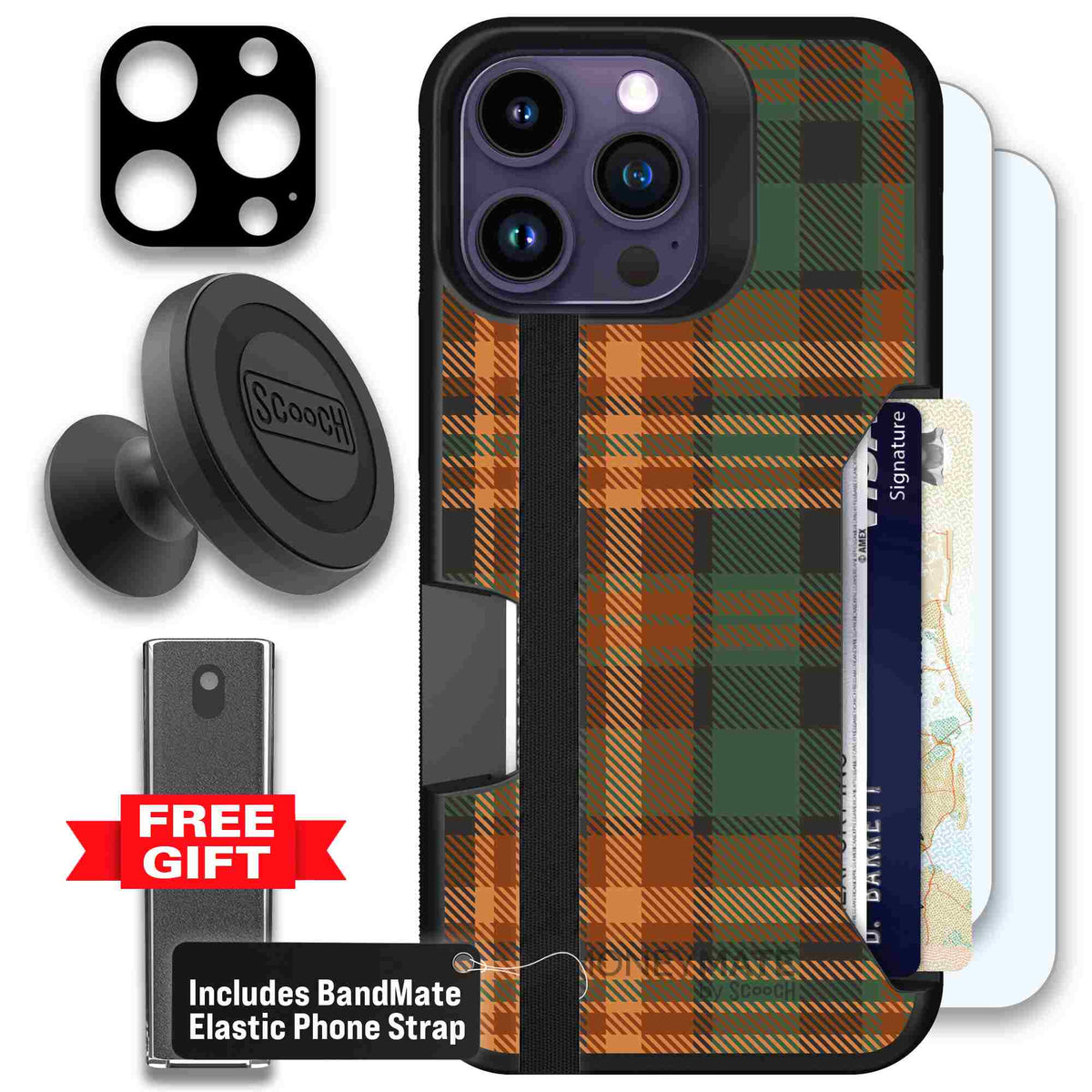 Fall Flannel orange and brown plaid pattern on a scoochzza Moneymate case for iPhone 14 Pro Max - Defender Bundle