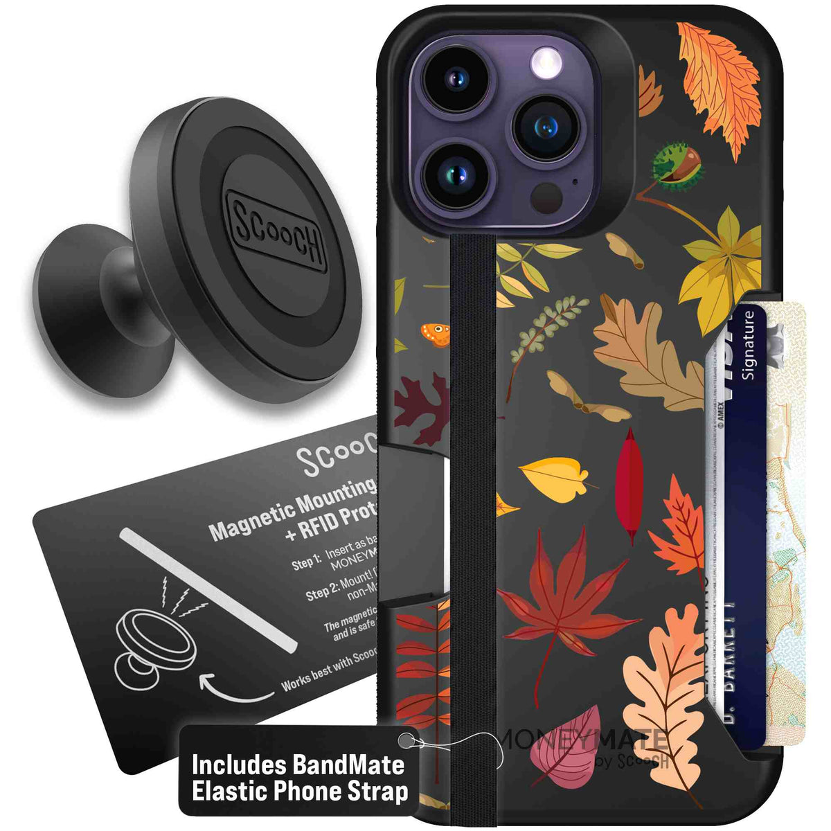 Autumn Leaves multicolored fall foliage pattern on a charcoal scoochzza Moneymate case for iPhone 14 Pro Max - Starter Bundle