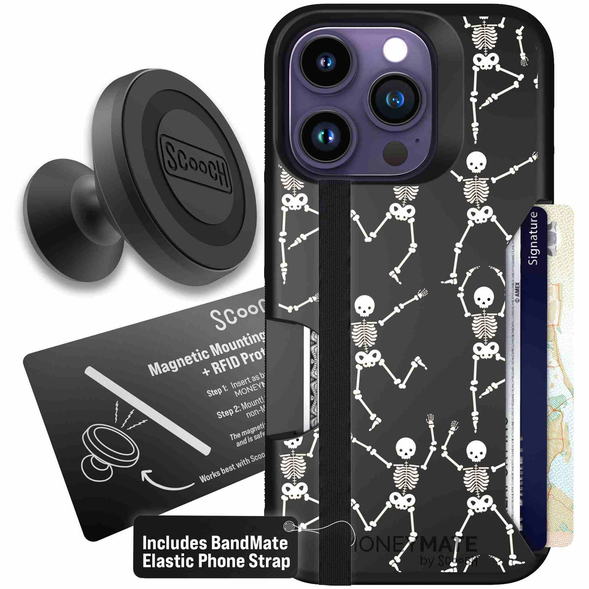 Swinging Skeletons white dancing skeleton pattern on a black scoochzza Moneymate case for iPhone 14 Pro - Starter Bundle