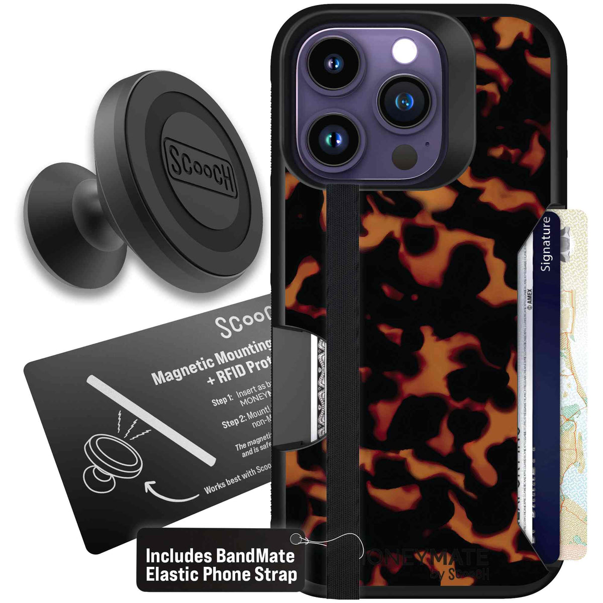 Tortoise Shell amber brown and black mottled pattern on a scoochzza Moneymate case for iPhone 14 Pro - Starter Bundle