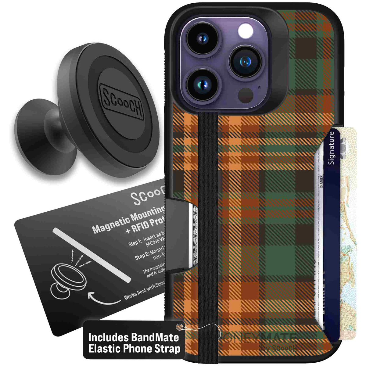 Fall Flannel orange and brown plaid pattern on a scoochzza Moneymate case for iPhone 14 Pro - Starter Bundle