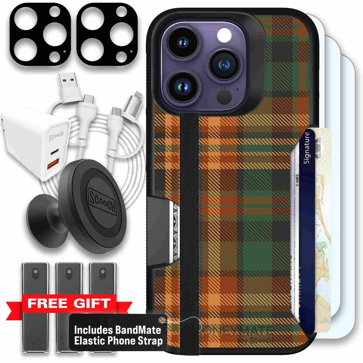 Fall Flannel orange and brown plaid pattern on a scoochzza Moneymate case for iPhone 14 Pro - Ultimate Bundle
