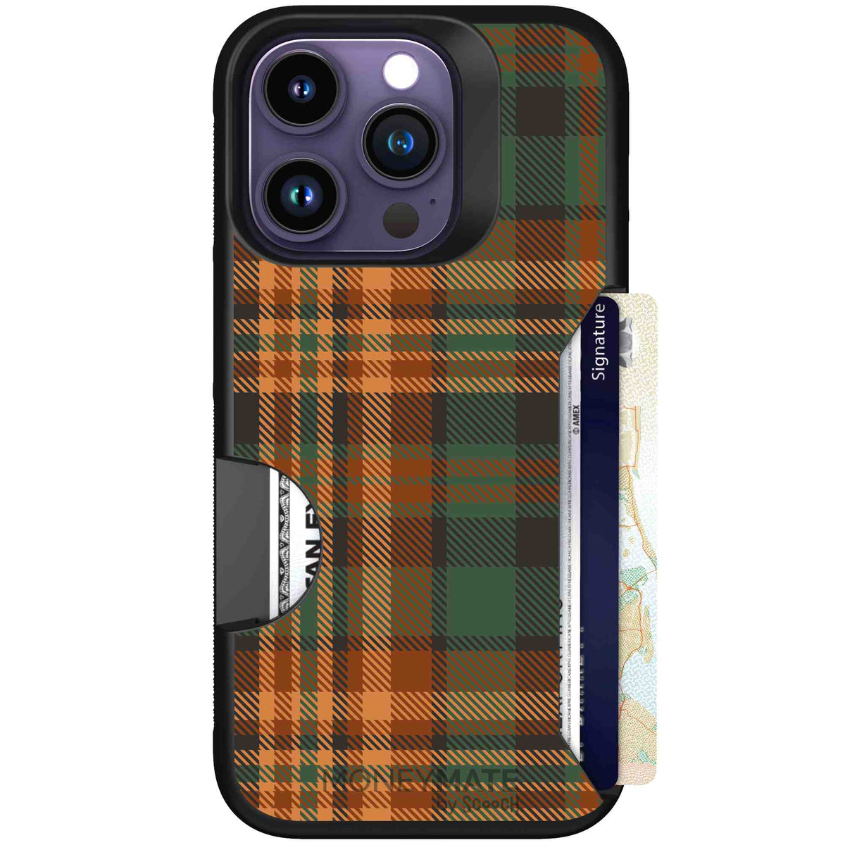 Fall Flannel orange and brown plaid pattern on a scoochzza Moneymate case for iPhone 14 Pro