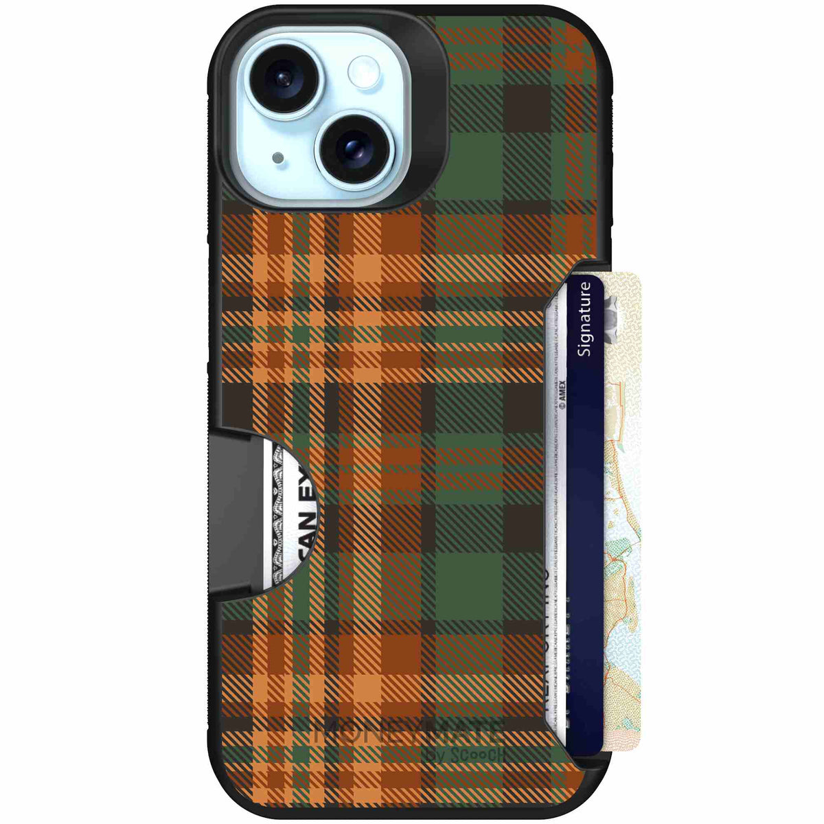 Fall Flannel orange and brown plaid pattern on a scoochzza Moneymate case for iPhone 15