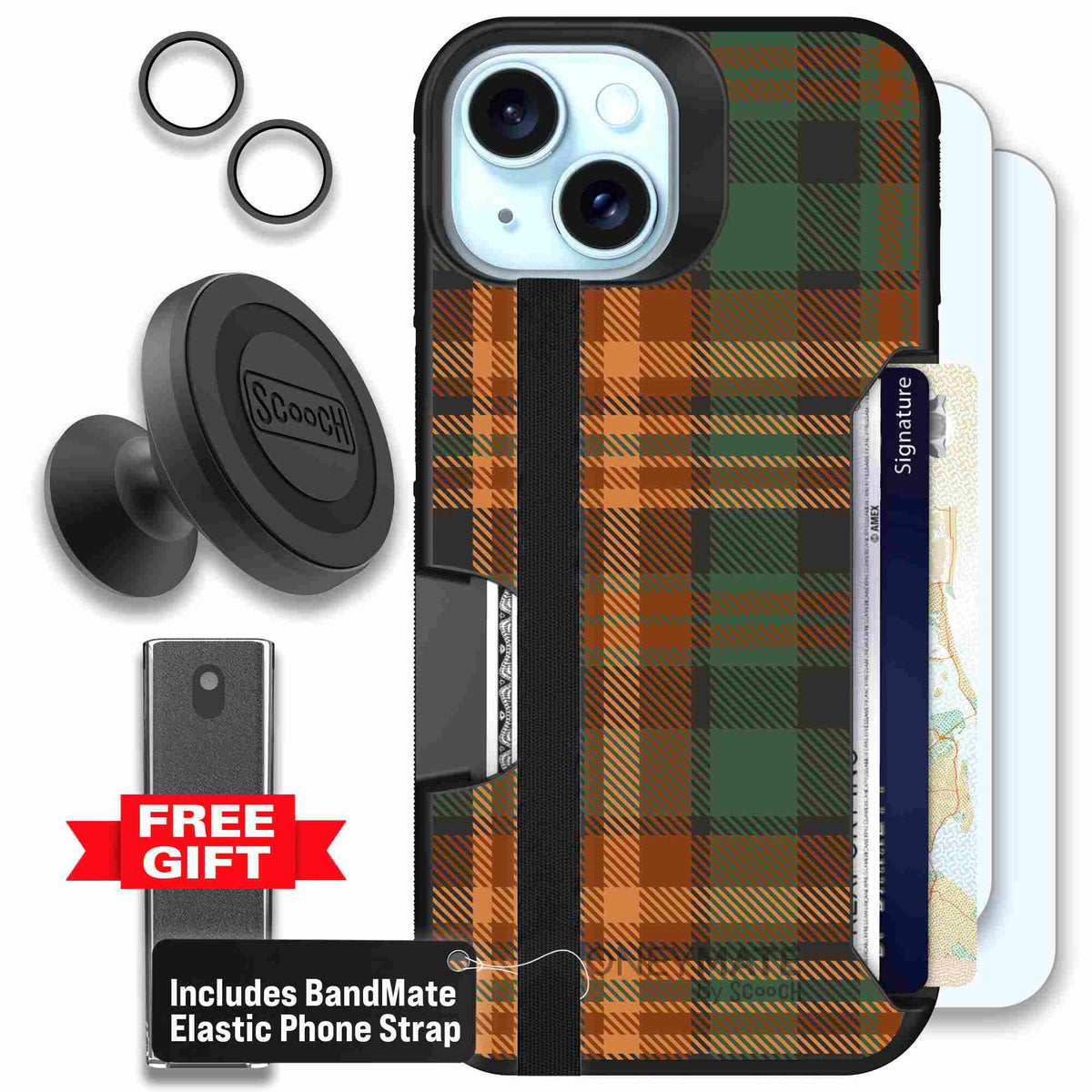 Fall Flannel orange and brown plaid pattern on a scoochzza Moneymate case for iPhone 15 - Defender Bundle