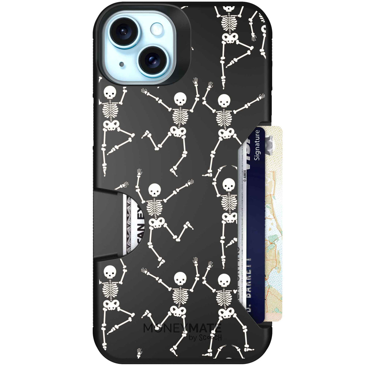 Swinging Skeletons white dancing skeleton pattern on a black scoochzza Moneymate case for iPhone 15 Plus