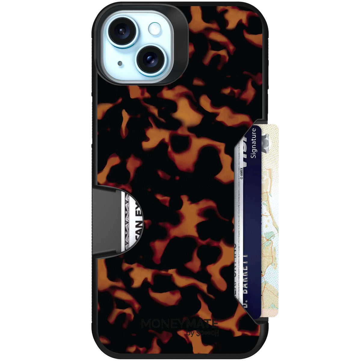 Tortoise Shell amber brown and black mottled pattern on a scoochzza Moneymate case for iPhone 15 Plus