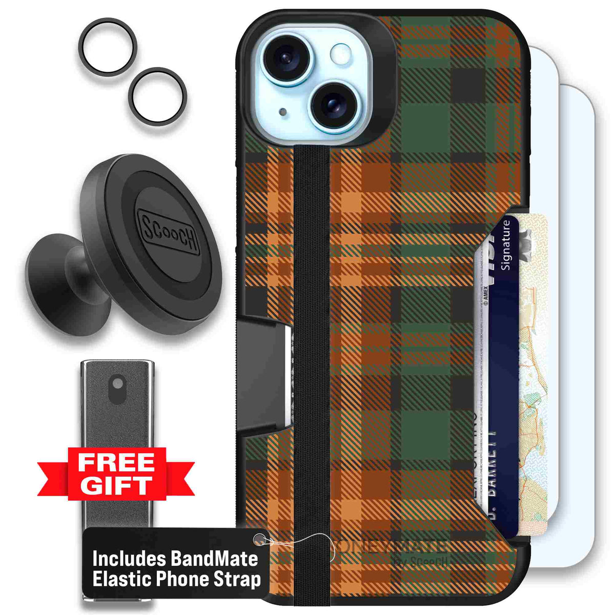 Fall Flannel orange and brown plaid pattern on a scoochzza Moneymate case for iPhone 15 Plus - Defender Bundle