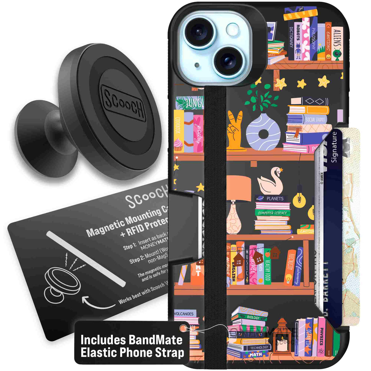 Little Library colorful book and bookshelf pattern on a scoochzza Moneymate case for iPhone 15 Plus - Starter Bundle
