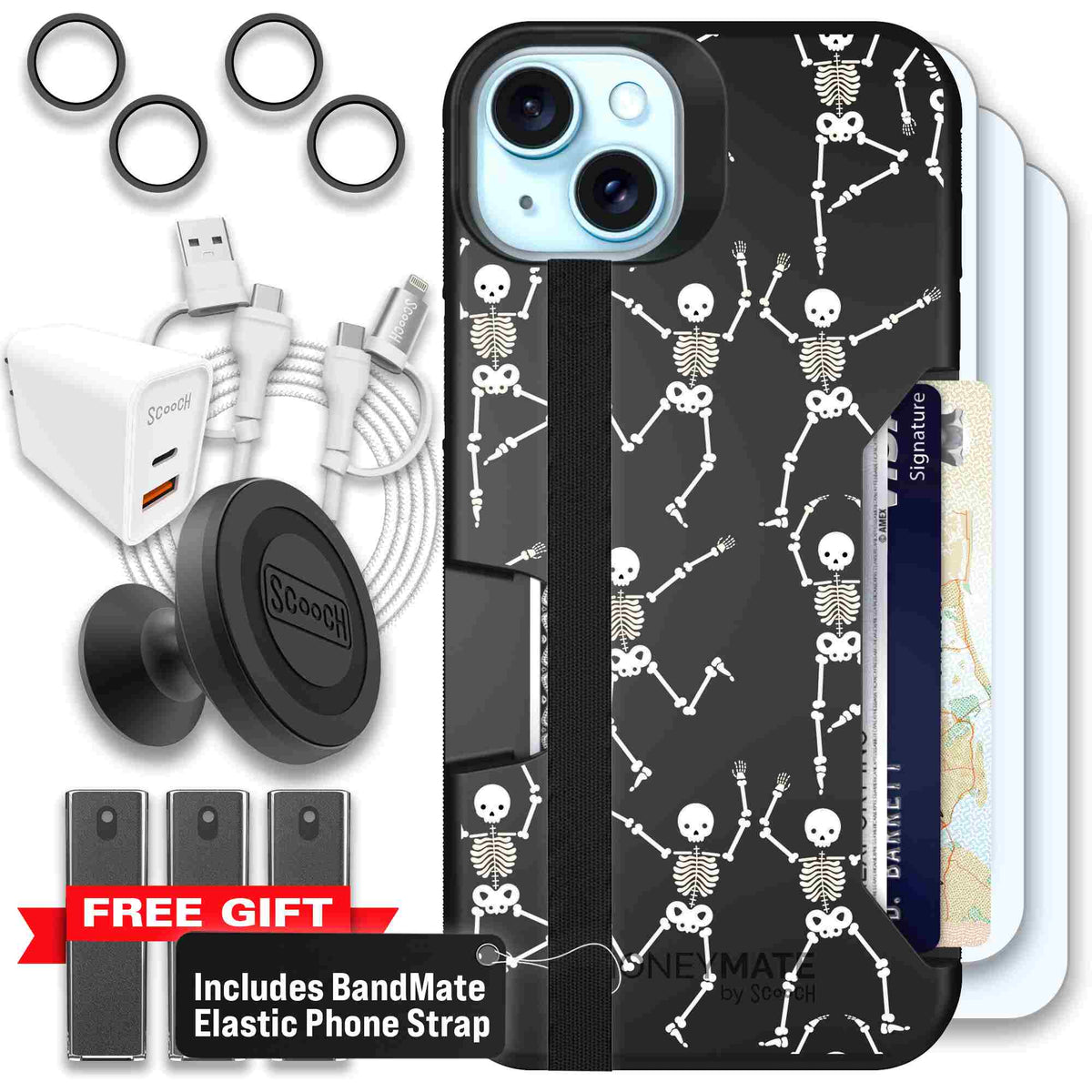 Swinging Skeletons white dancing skeleton pattern on a black scoochzza Moneymate case for iPhone 15 Plus - Ultimate Bundle